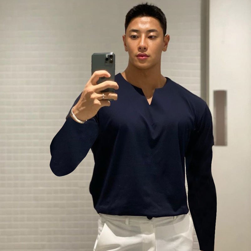 ساعة بولو رياضية وكاجوال ضيقة الاتجاه لأخوان الرجال من تصميم Muscle النسخة الكورية من قميص طويل الأكمام بالعنق المائل بلون أحادي مصنوع من القطن للفصليين الربيع والخريف - اللون الأسود - المقاس إكسترا لارج XL - Image 2
