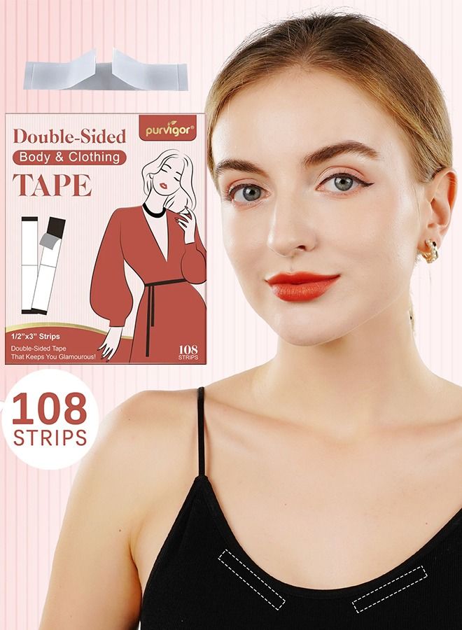 Purvigor 108 Strips Body and Clothing Fashion Tape Double Sided Tape for Clothes Dress Tape Transparent Clothing Tape for Clothes to Skin Body Tape for Any Kinds of Clothes Ideal Tape to Hold Clothes in Place  - Image 1