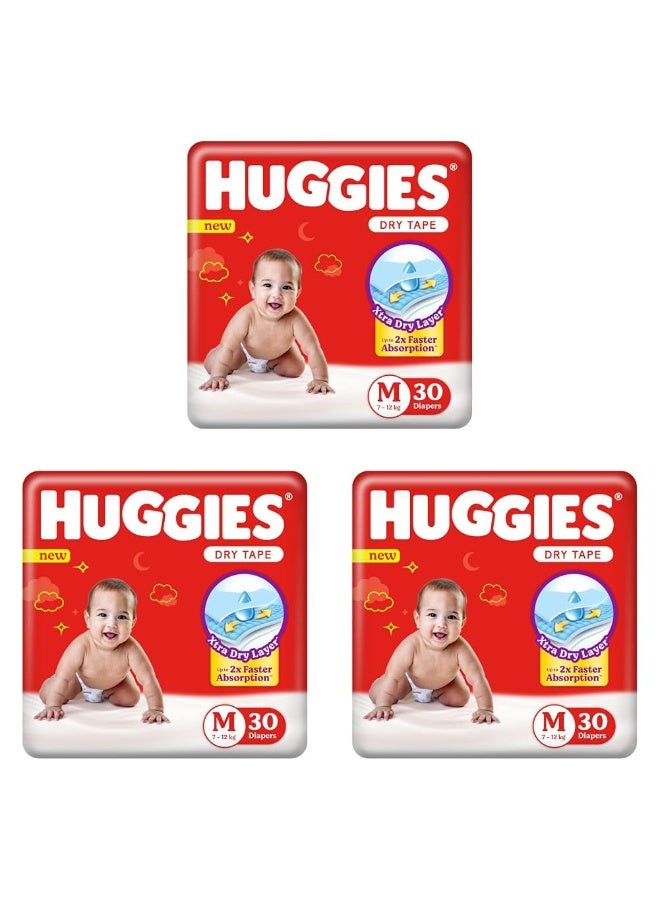 Huggies Dry Tape | Adjustable Tape Style Diapers, Medium (M) Size (7-12 Kgs), Pack of 30*3 | Up To 2X Faster Absorption, Up To 12 Hours Overnight Absorption - Image 1