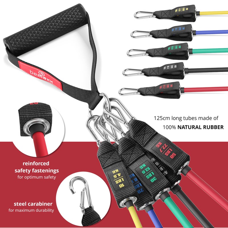 BeMaxx Resistance Bands Set with Handles, Door Anchor, Ankle Straps + Exercise Ebook, 5 Long Latex Tubes Premium Heavy Duty Expander Cords, Full Body Butt Leg Fitness Workout Women, Powerlifting Training Men - Image 2