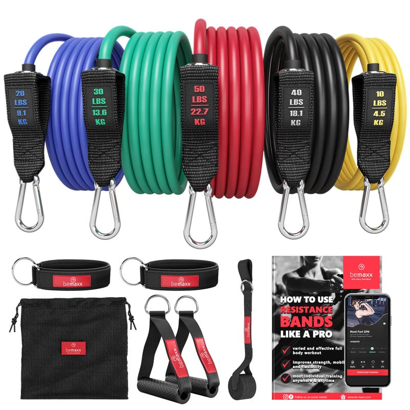 BeMaxx Resistance Bands Set with Handles, Door Anchor, Ankle Straps + Exercise Ebook, 5 Long Latex Tubes Premium Heavy Duty Expander Cords, Full Body Butt Leg Fitness Workout Women, Powerlifting Training Men - Image 1