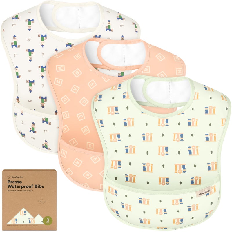 KeaBabies 3-Pack Waterproof Baby Bibs for Eating - Lightweight Toddler Feeding Bibs with Large Food Catcher, Mess Proof, Food-Grade Baby Eating Essentials, Easy to Put On & Clean (Toy Land) - Image 1