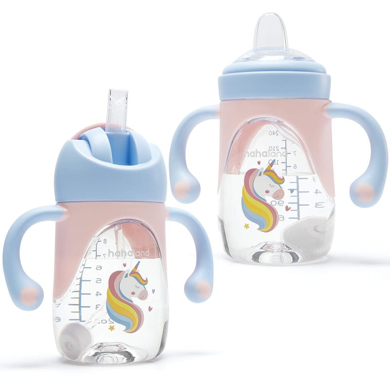 hahaland Sippy Cups for Baby 6-12 Months - 2 in 1 Spout & Straw Unicorns Sippy Cups for Toddlers 1-3 No Spill Transition Weighted Straw Cup (1 Cup with 2 Nipples) Baby First Christmas Gifts - Image 1