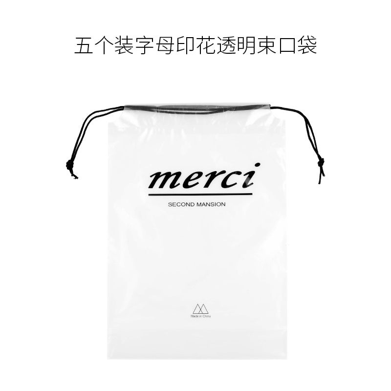 5 PCs PVC transparent bundle pocket waterproof travel storage bag travel finishing shoe bag drawstring wash underwear bag English white background 5 Pack