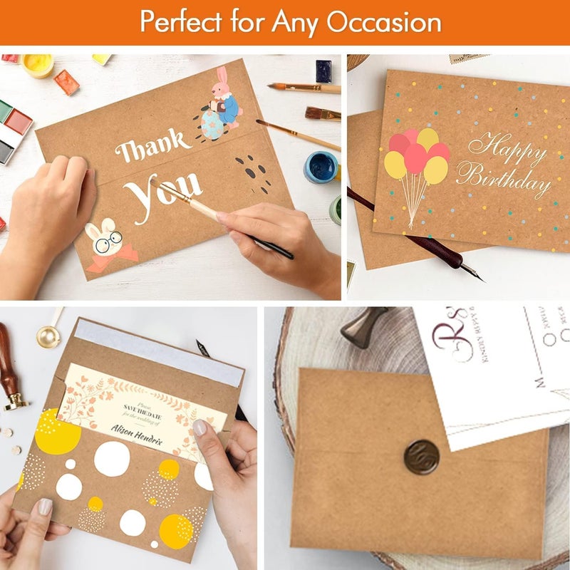AZAZA 100 Pack, Size A4, 100lbs Brown Kraft Paper 4 x 6 Envelopes - For 4x6 Cards| Self Seal| Perfect for Weddings, Invitations, Baby Shower| Stationery For General, Office | 4.25 x 6.25 inches (A4) - Image 4
