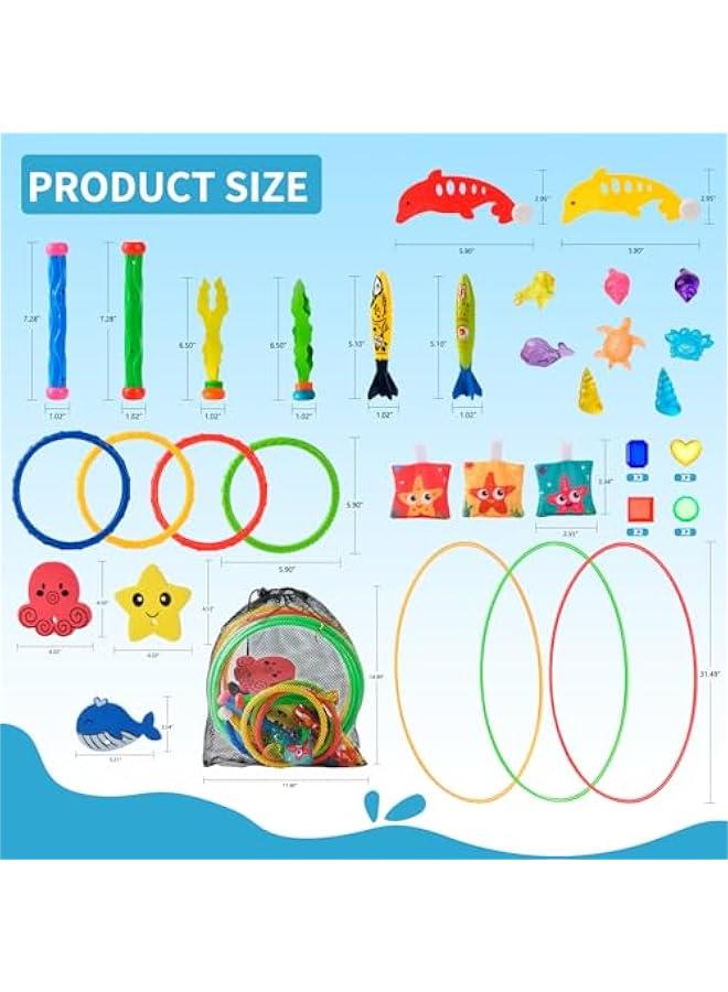 Pool Rings Diving Toys - 38pcs Swimming Thru Pool Diving Game Toys,Pool Toys or Kids Ages 4-8-12,with Diving Rings,Diving Gems, Dive Sticks,Pool Torpedo,Including Storage Mesh Bags, Etc. - Image 2