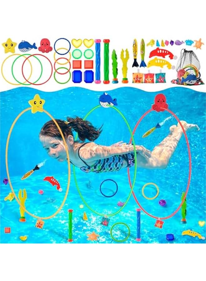 Pool Rings Diving Toys - 38pcs Swimming Thru Pool Diving Game Toys,Pool Toys or Kids Ages 4-8-12,with Diving Rings,Diving Gems, Dive Sticks,Pool Torpedo,Including Storage Mesh Bags, Etc. - Image 1