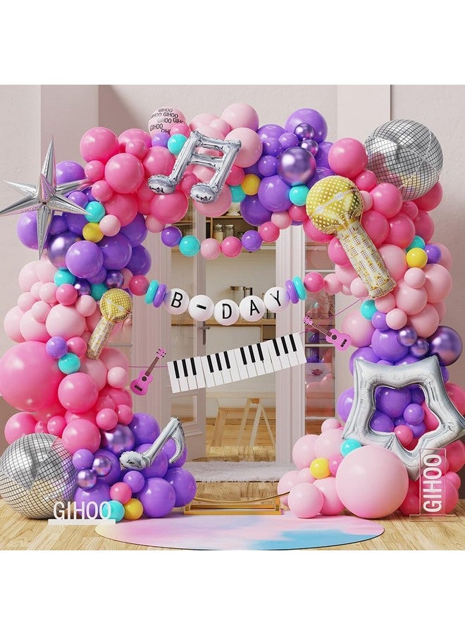 جيهو مجموعة زينة عيد الميلاد Songstar المكونة من 155 قطعة من قوس البالونات باللونين الوردي والأرجواني على شكل نجمة مجوفة وميكروفون وبالونات ديسكو مايلر لمحبي الموسيقى وأعياد الميلاد والمغني الشهير وديكور حفلات أعياد الميلاد - Image 1
