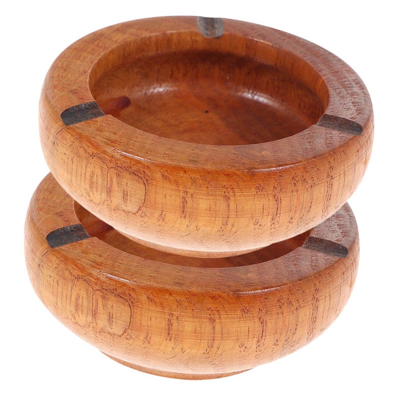 Wooden Round Ashtray Set Of 2 Pieces 10X3 5Cm Retro Tabletop Ash Tray For Home Office - Image 2