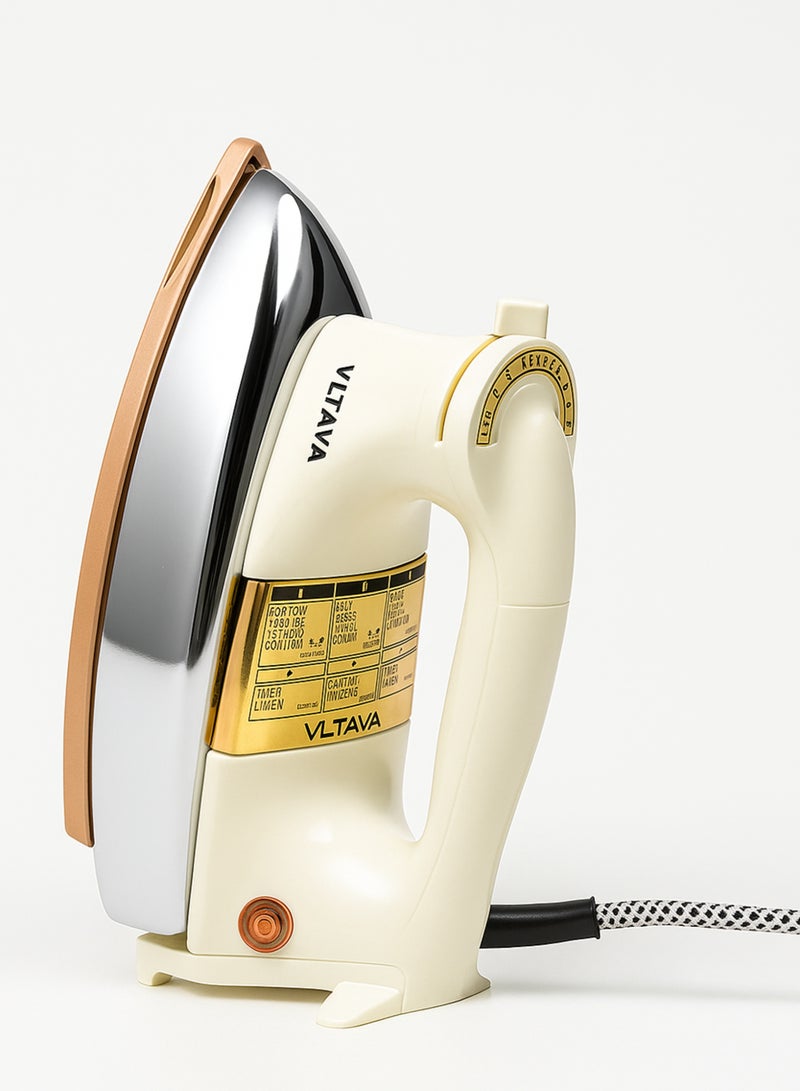 فلتافا مكواة جافة ثقيلة الوزن - 1000 واط، 6 إعدادات للأقمشة، قاعدة مضادة للبكتيريا، سلك دوار 360 درجة، هيكل مقاوم للصدمات، تصميم كلاسيكي ذهبي - Image 1