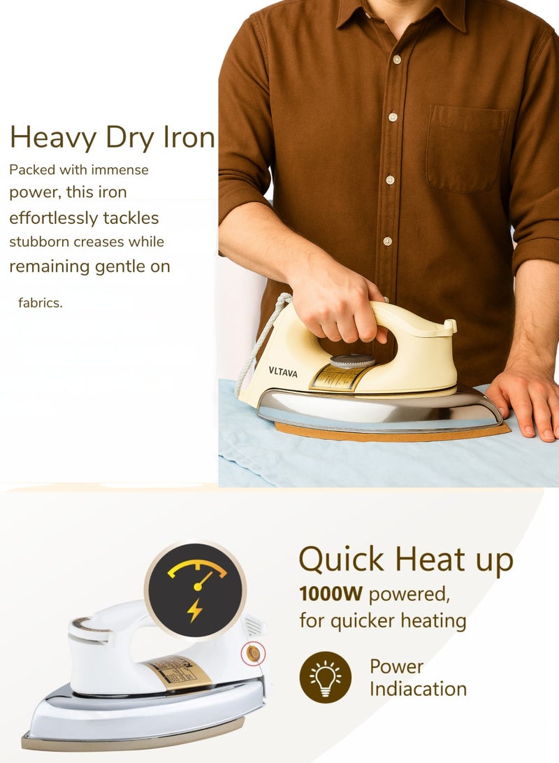 فلتافا مكواة جافة ثقيلة الوزن - 1000 واط، 6 إعدادات للأقمشة، قاعدة مضادة للبكتيريا، سلك دوار 360 درجة، هيكل مقاوم للصدمات، تصميم كلاسيكي ذهبي - Image 3