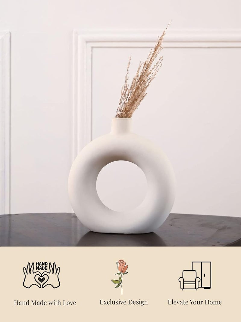 PUREZENTO Ceramic White Donut Vase 8 Inch Pack of 1 Decorative Donut Vase for Dried Flowers and Pampas Grass Vases for Modern Home Decor Living Room Office Decor Ideas - Image 5
