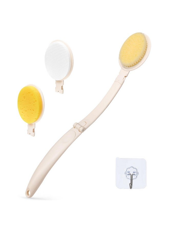 LFJ 3 In 1 Shower Brush Sponge Set 19 Long Handle Body Brush Bath Sponge And Lotion Applicator Gentle Exfoliation And Improved Skin Health Suitable For Men And Women (White Nylon Brush1P) - Image 1
