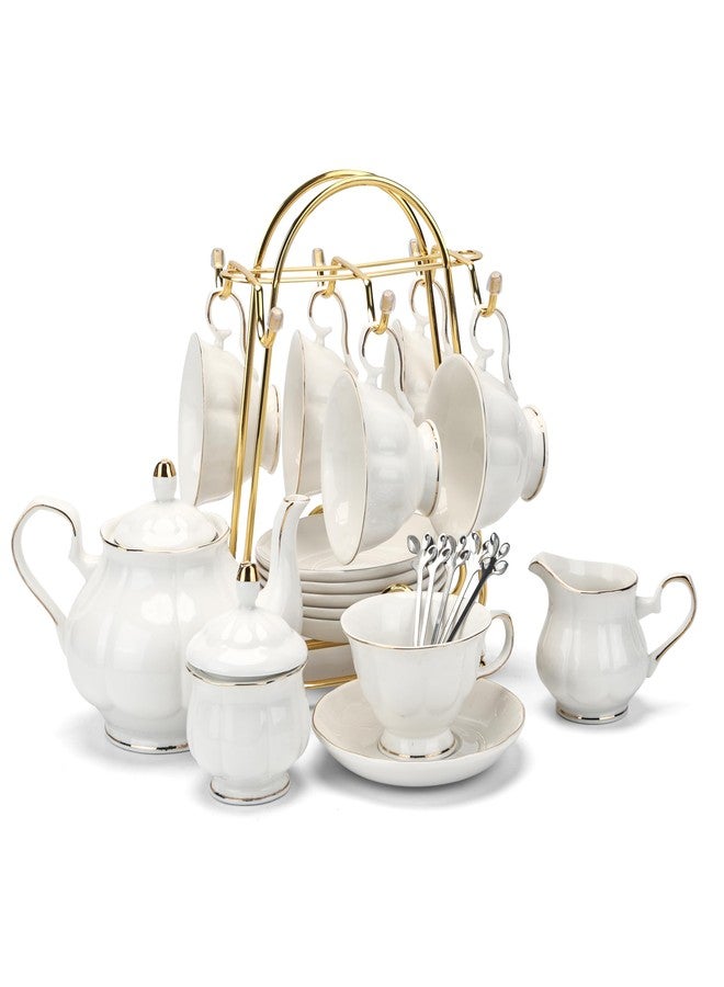 CHENP.HMC Tea Set 22-Piece Porcelain Ceramic Coffee Tea Gift Sets Cups Saucer Service for 6 Teapot Sugar Bowl Creamer Pitcher and Teaspoons (WHITE3) - Image 1