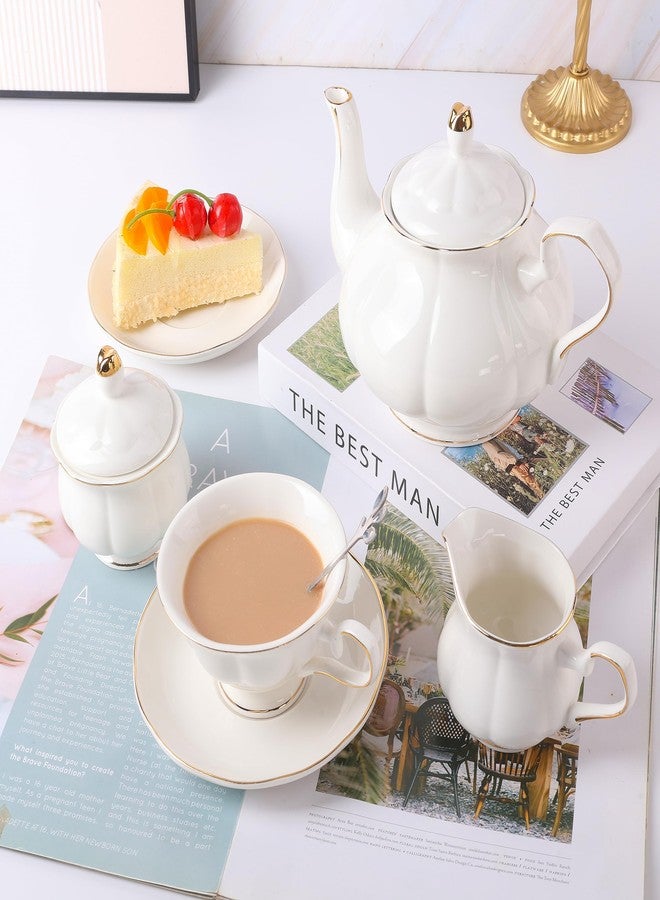 CHENP.HMC Tea Set 22-Piece Porcelain Ceramic Coffee Tea Gift Sets Cups Saucer Service for 6 Teapot Sugar Bowl Creamer Pitcher and Teaspoons (WHITE3) - Image 5