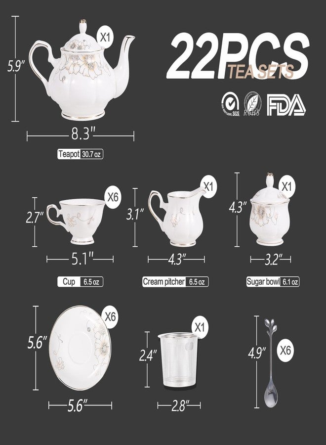 CHENP.HMC Tea Set 22-Piece Porcelain Ceramic Coffee Tea Gift Sets Cups Saucer Service for 6 Teapot Sugar Bowl Creamer Pitcher and Teaspoons (WHITE3) - Image 4