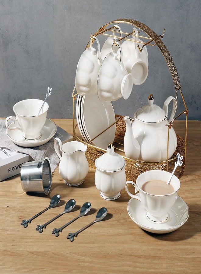 CHENP.HMC Tea Set 22-Piece Porcelain Ceramic Coffee Tea Gift Sets Cups Saucer Service for 6 Teapot Sugar Bowl Creamer Pitcher and Teaspoons (WHITE3) - Image 3