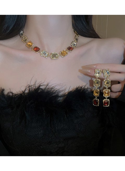 Ancient light luxury diamond-encrusted square shape  Necklace high-end court style temperament niche exaggerated lock  Three-piece set