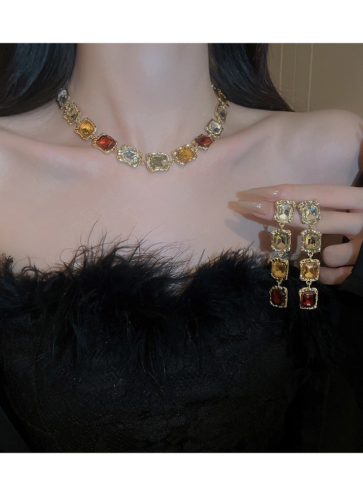 Ancient light luxury diamond-encrusted square shape  Necklace high-end court style temperament niche exaggerated lock  Three-piece set - Image 1