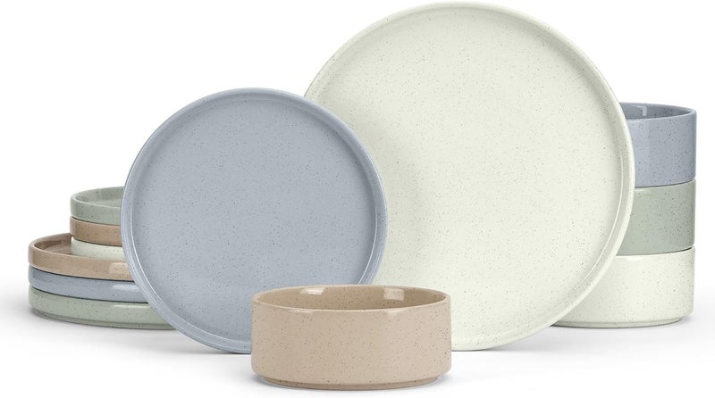 E-far Efar Stoneware Dinnerware Sets 12Piece Plates and Bowls Dish Set for 4 Kitchen Modern Dinning Ware Chip and Scratch Resistant Microwave  Dishwasher Safe Speckled Multicolor - Image 1