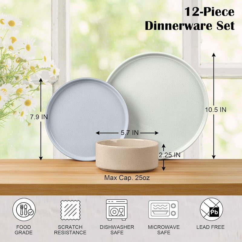 E-far Efar Stoneware Dinnerware Sets 12Piece Plates and Bowls Dish Set for 4 Kitchen Modern Dinning Ware Chip and Scratch Resistant Microwave  Dishwasher Safe Speckled Multicolor - Image 2