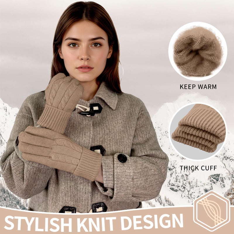 HOPSOOKEN Winter Wool Gloves for Women Warm Touchscreen Fleece Elastic Soft Knit Gloves for Cold Weather Folding Cuffs(Khaki) - Image 2
