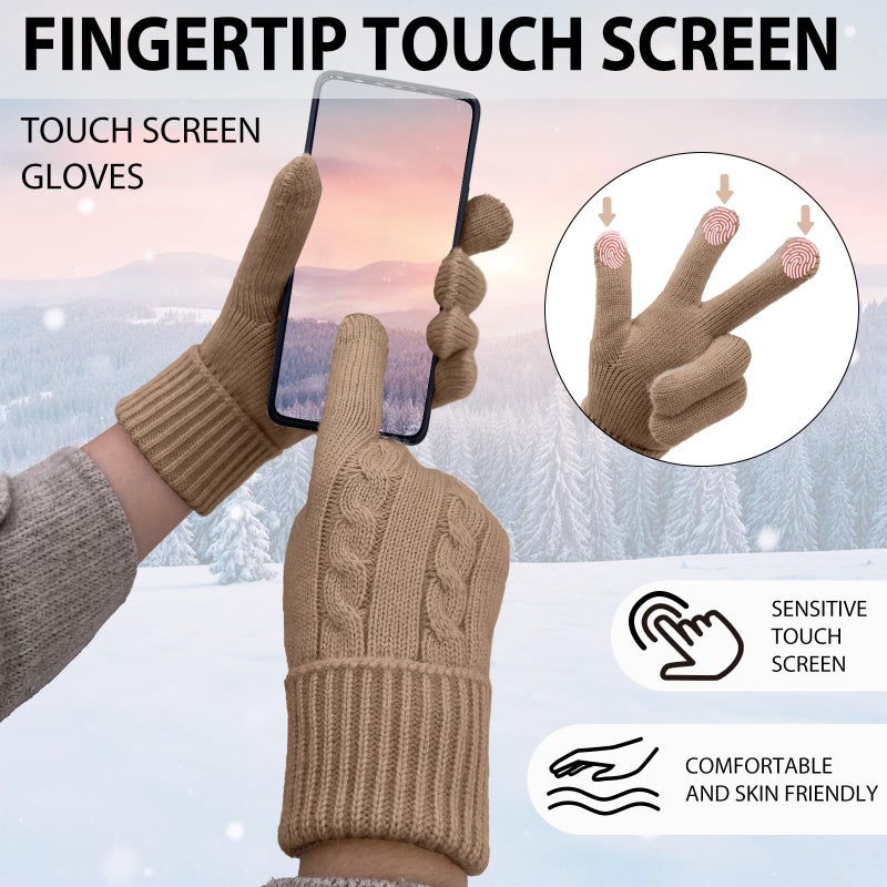 HOPSOOKEN Winter Wool Gloves for Women Warm Touchscreen Fleece Elastic Soft Knit Gloves for Cold Weather Folding Cuffs(Khaki) - Image 3