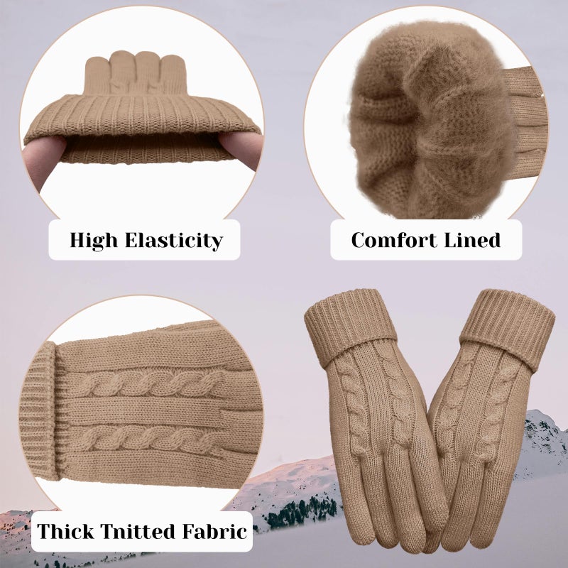 HOPSOOKEN Winter Wool Gloves for Women Warm Touchscreen Fleece Elastic Soft Knit Gloves for Cold Weather Folding Cuffs(Khaki) - Image 4