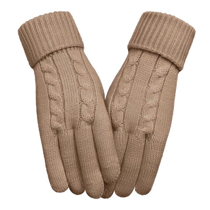 HOPSOOKEN Winter Wool Gloves for Women Warm Touchscreen Fleece Elastic Soft Knit Gloves for Cold Weather Folding Cuffs(Khaki) - Image 1