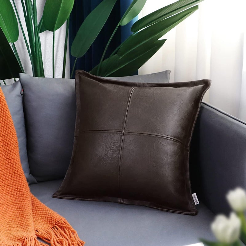 BRAWARM Coffee Leather Throw Pillow 22 X 22 Inches, Faux Leather Pillow Cover with Piping, Hand Stitched Leather Decorative Throw Pillow Covers for Couch Sofa Bed Living Room Garden - Image 2