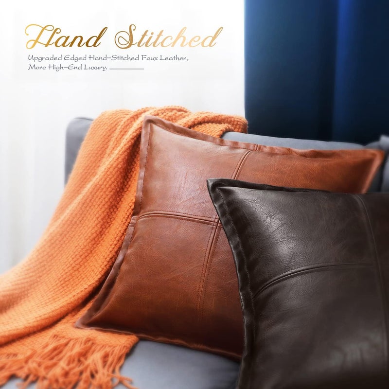 BRAWARM Coffee Leather Throw Pillow 22 X 22 Inches, Faux Leather Pillow Cover with Piping, Hand Stitched Leather Decorative Throw Pillow Covers for Couch Sofa Bed Living Room Garden - Image 4