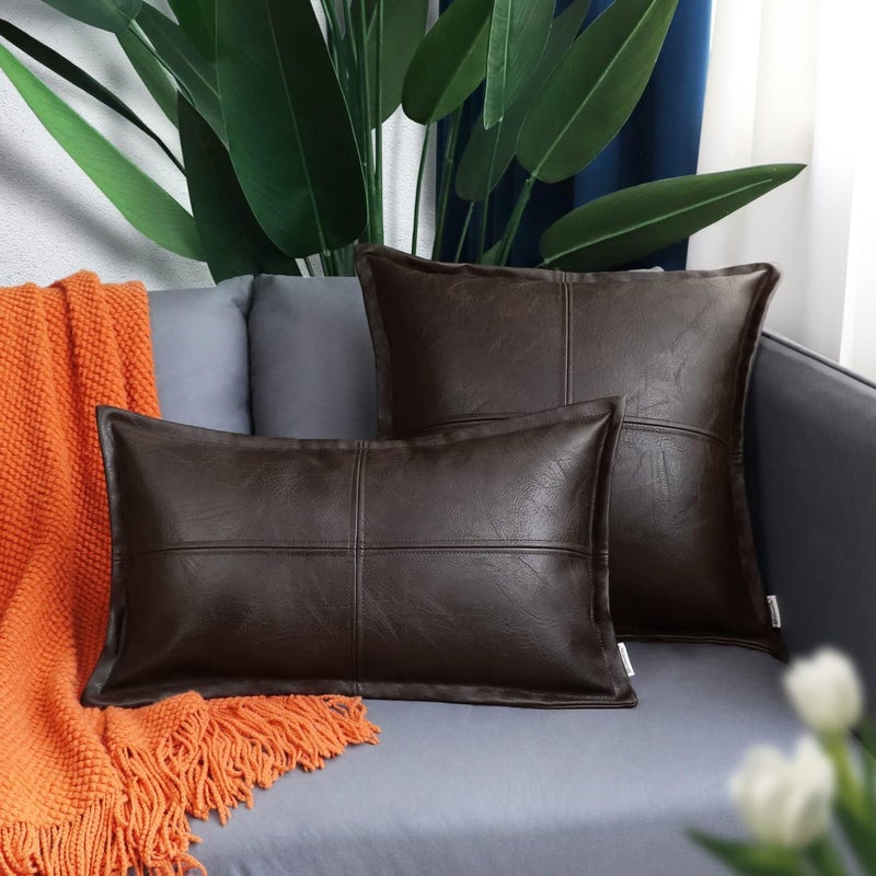 BRAWARM Coffee Leather Throw Pillow 22 X 22 Inches, Faux Leather Pillow Cover with Piping, Hand Stitched Leather Decorative Throw Pillow Covers for Couch Sofa Bed Living Room Garden - Image 3