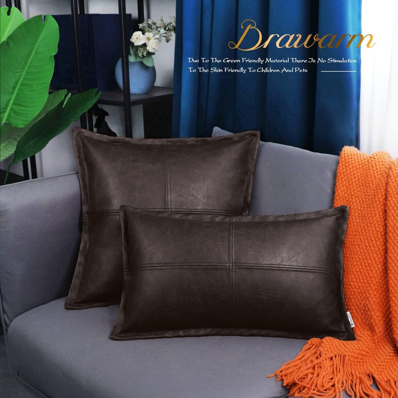 BRAWARM Coffee Leather Throw Pillow 22 X 22 Inches, Faux Leather Pillow Cover with Piping, Hand Stitched Leather Decorative Throw Pillow Covers for Couch Sofa Bed Living Room Garden - Image 5