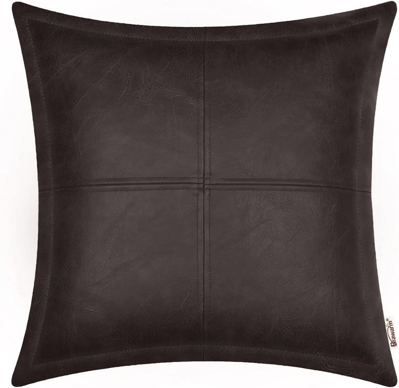 BRAWARM Coffee Leather Throw Pillow 22 X 22 Inches, Faux Leather Pillow Cover with Piping, Hand Stitched Leather Decorative Throw Pillow Covers for Couch Sofa Bed Living Room Garden - Image 1
