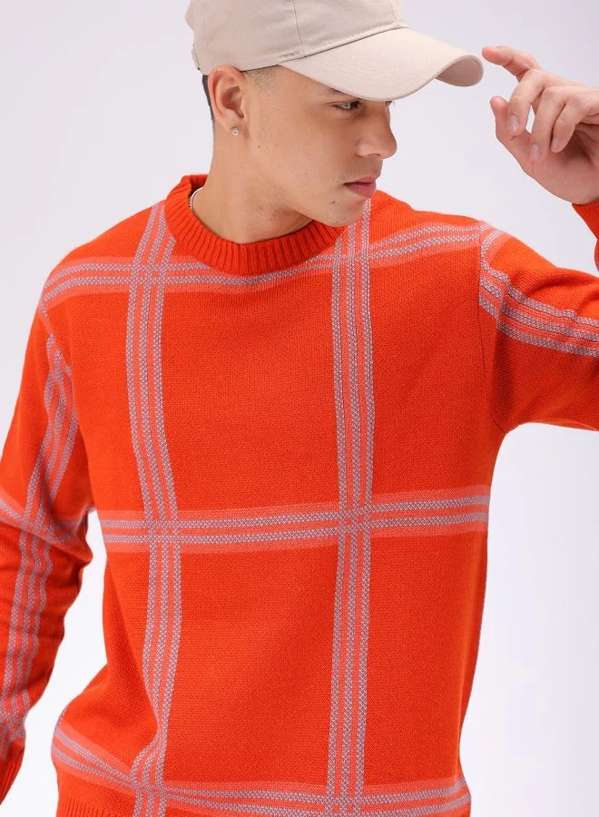 شركة المرآب الهندية Men Relaxed Fit Checkered Crew Neck Sweater