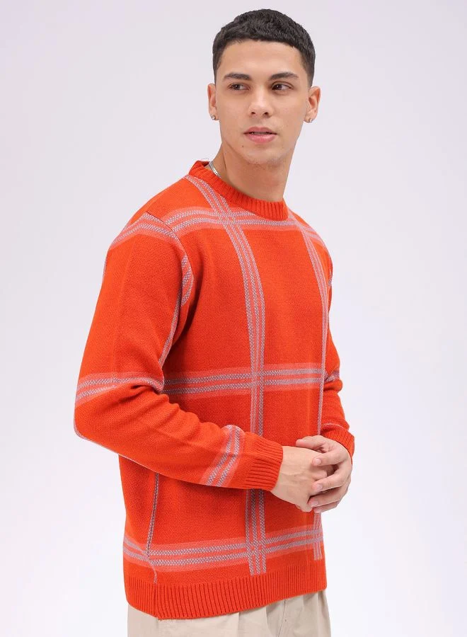 شركة المرآب الهندية Men Relaxed Fit Checkered Crew Neck Sweater