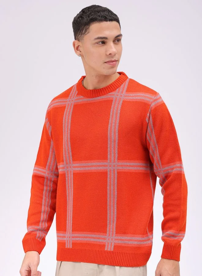 شركة المرآب الهندية Men Relaxed Fit Checkered Crew Neck Sweater