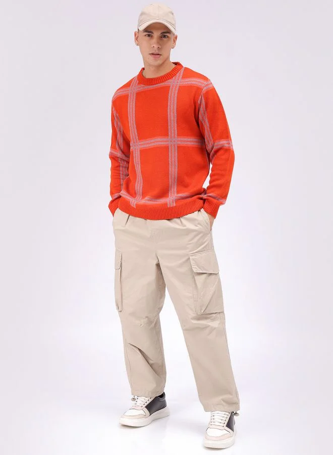 شركة المرآب الهندية Men Relaxed Fit Checkered Crew Neck Sweater