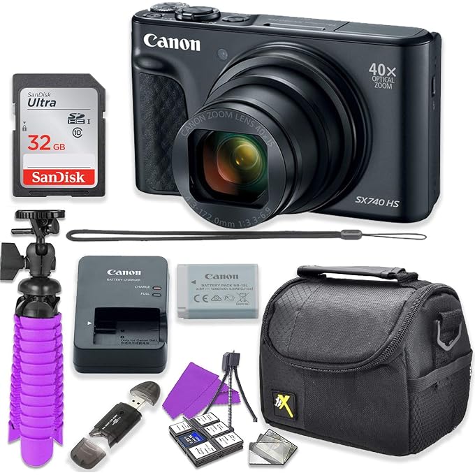 Canon PowerShot SX740 HS Digital Camera (Black) Accessory Bundle with Flexible Spider Tripod, 32GB Memory, Camera Case and More. (Renewed) - Image 1