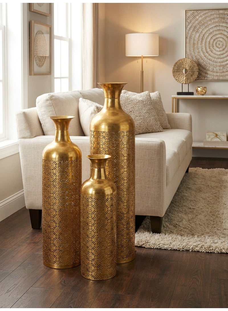 Living 3-Piece Modern Geometric Metal Floor Vase Trio | Contemporary Openwork Corner Vases for Entryways & Living Spaces - Image 5