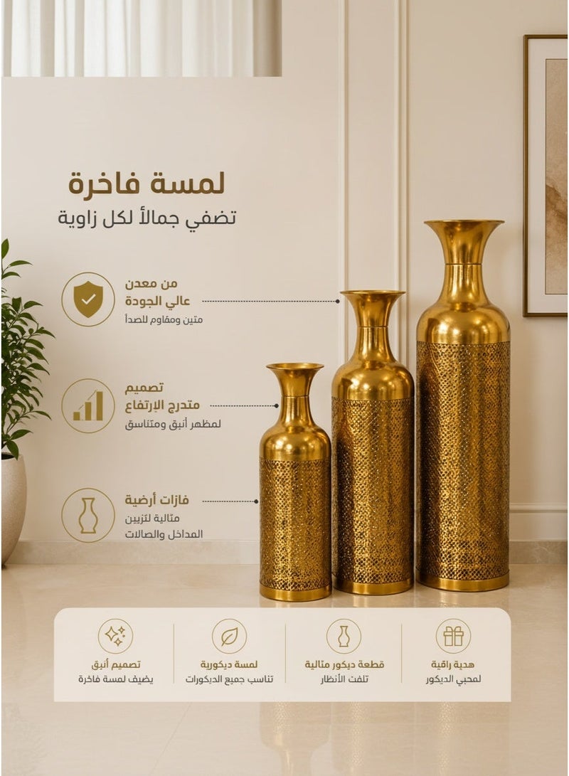 Living 3-Piece Modern Geometric Metal Floor Vase Trio | Contemporary Openwork Corner Vases for Entryways & Living Spaces - Image 3