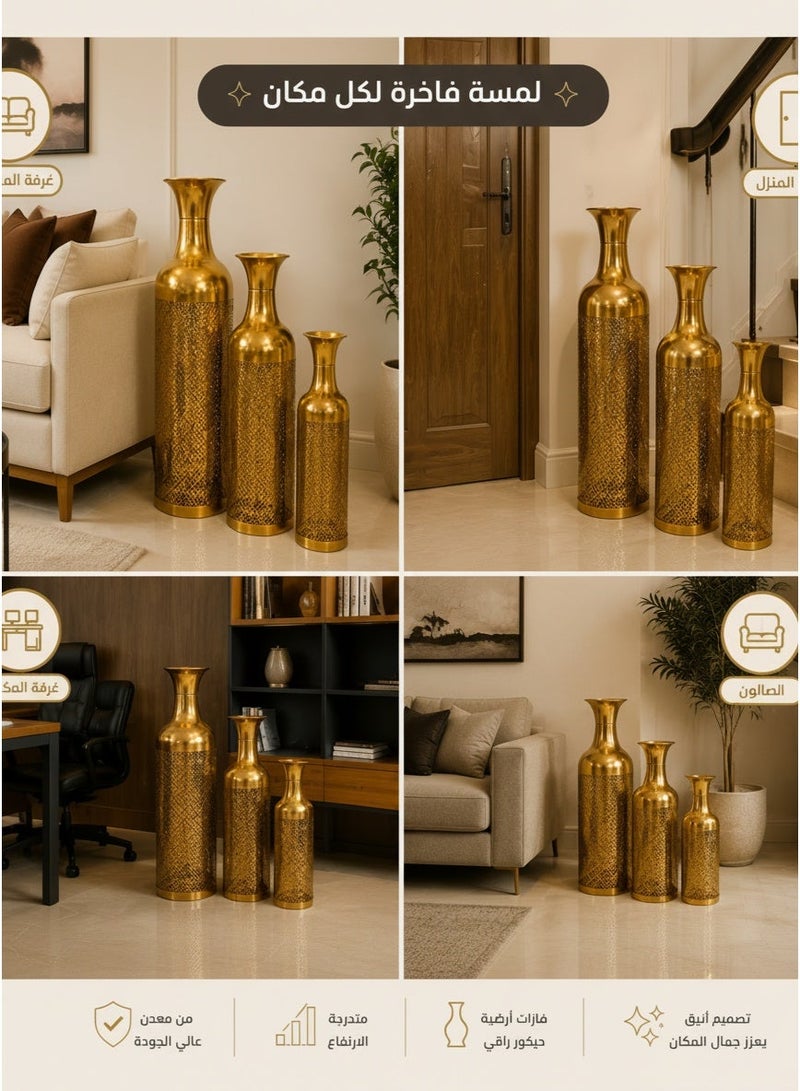 Living 3-Piece Modern Geometric Metal Floor Vase Trio | Contemporary Openwork Corner Vases for Entryways & Living Spaces - Image 2