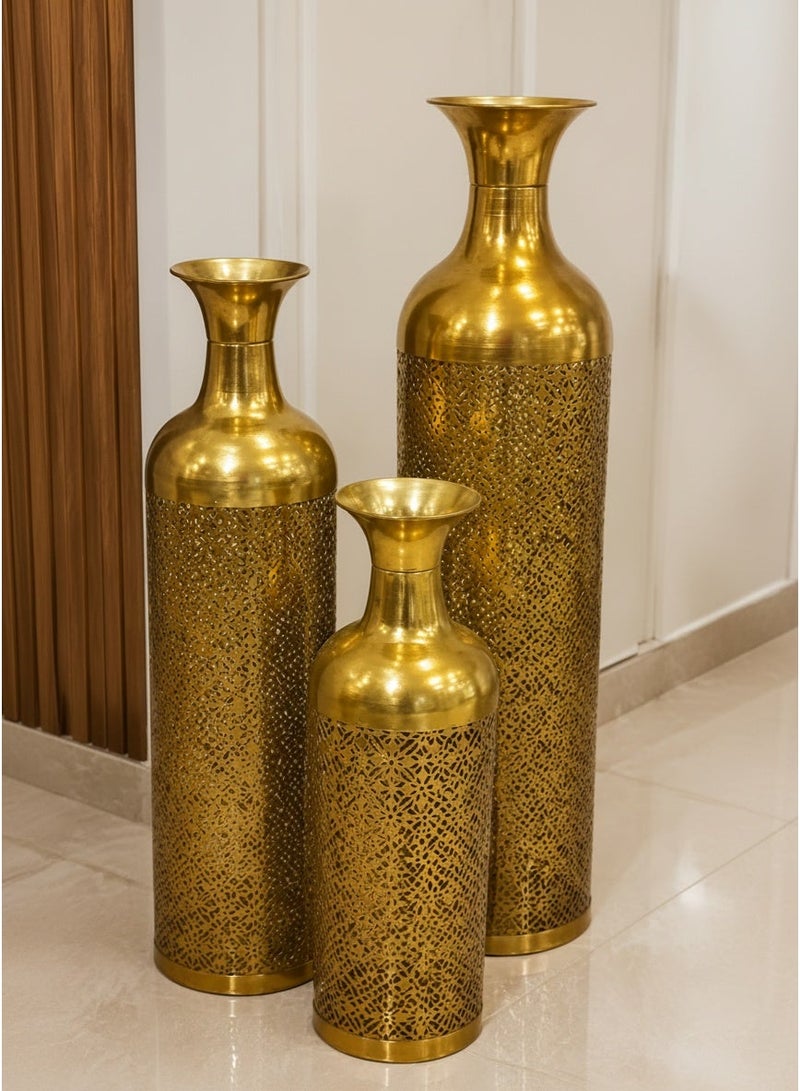 Living 3-Piece Modern Geometric Metal Floor Vase Trio | Contemporary Openwork Corner Vases for Entryways & Living Spaces - Image 1
