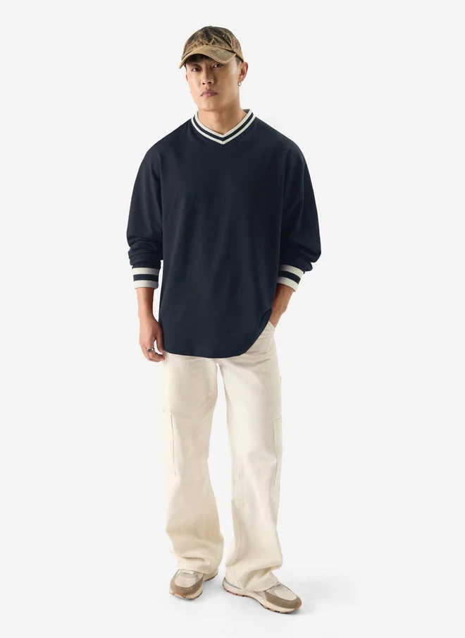 The Souled Store  The Souled Store Men Oversized Solid Navy Blue Full Sleeve T-Shirt  | Best Price UAE