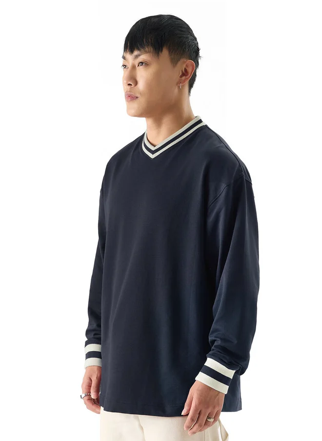 The Souled Store  The Souled Store Men Oversized Solid Navy Blue Full Sleeve T-Shirt  | Best Price UAE
