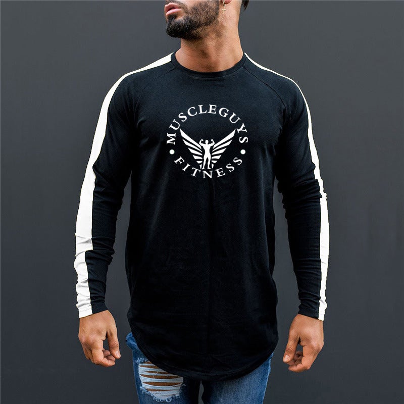 Foreign Trade European and American Fashion Fitness Sports Long-sleeved T-shirt Men's Letter Printing Sleeve Contrast Color Slim-fit Sports Base Shirt - Image 2