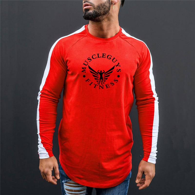Foreign Trade European and American Fashion Fitness Sports Long-sleeved T-shirt Men's Letter Printing Sleeve Contrast Color Slim-fit Sports Base Shirt - Image 5