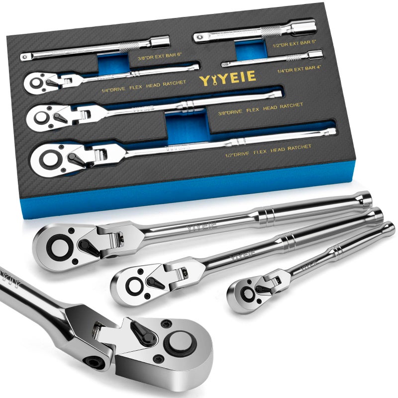 YIYEIE مجموعة مفاتيح ربط مرنة YIYEIE من 6 قطع، 1/4"، 3/8"، 1/2"، مفك ربط برأس دوار مع قضيب تمديد، 72 سن، قابل للتعديل 180°، إطلاق سريع، مقبض ربط مرن مع رغوة EVA - Image 1