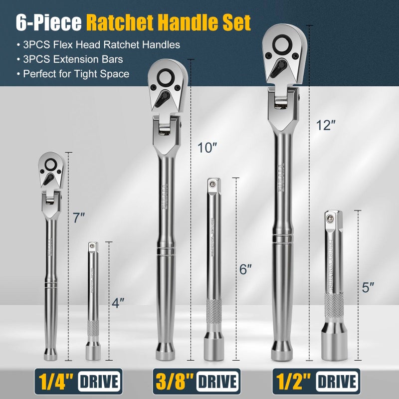 YIYEIE مجموعة مفاتيح ربط مرنة YIYEIE من 6 قطع، 1/4"، 3/8"، 1/2"، مفك ربط برأس دوار مع قضيب تمديد، 72 سن، قابل للتعديل 180°، إطلاق سريع، مقبض ربط مرن مع رغوة EVA - Image 3