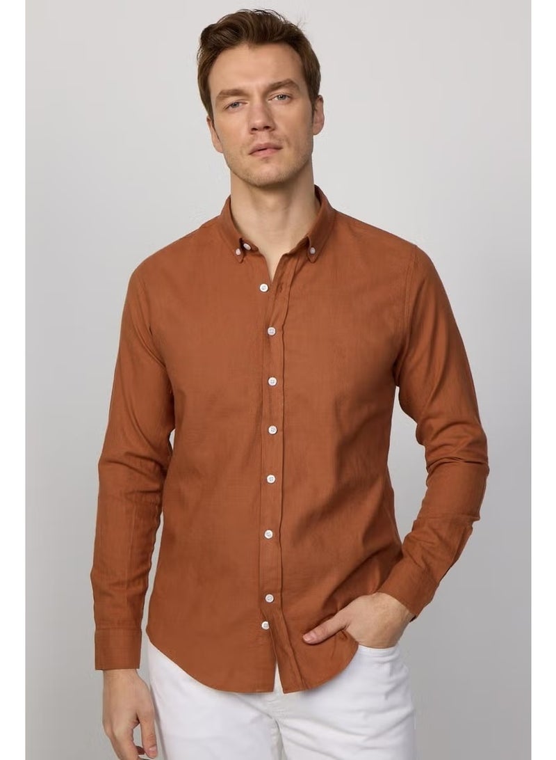 Tudors Slim Fit Long Sleeve Buttoned Collar Linen Brick Men's Shirt - Image 1